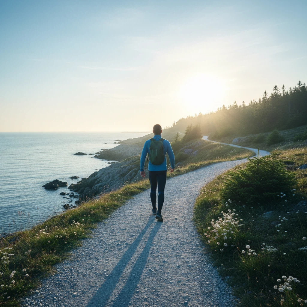 Anonym man som promenerar på en skandinavisk kuststig i soluppgångsskenet - aktiv livsstil