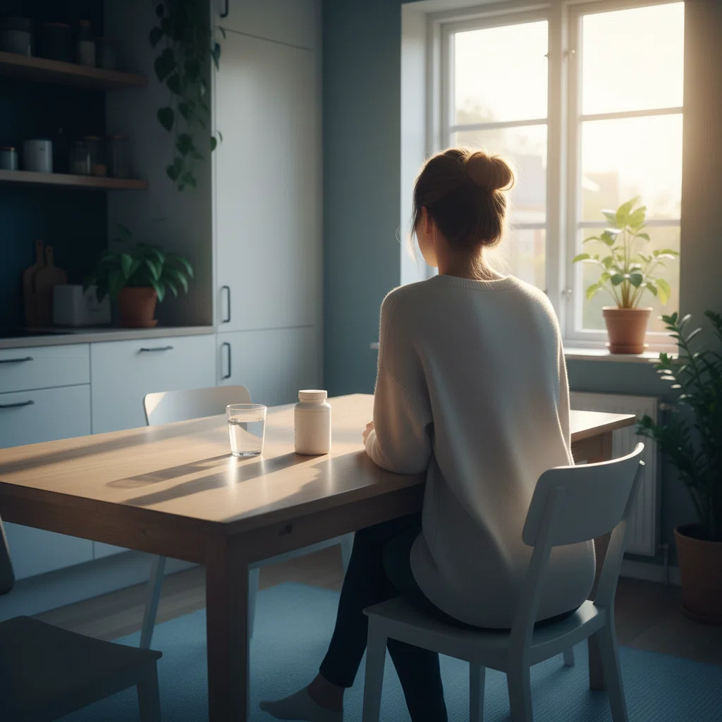 Morgonrutin med kosttillskott och glas vatten på ljust köksbord